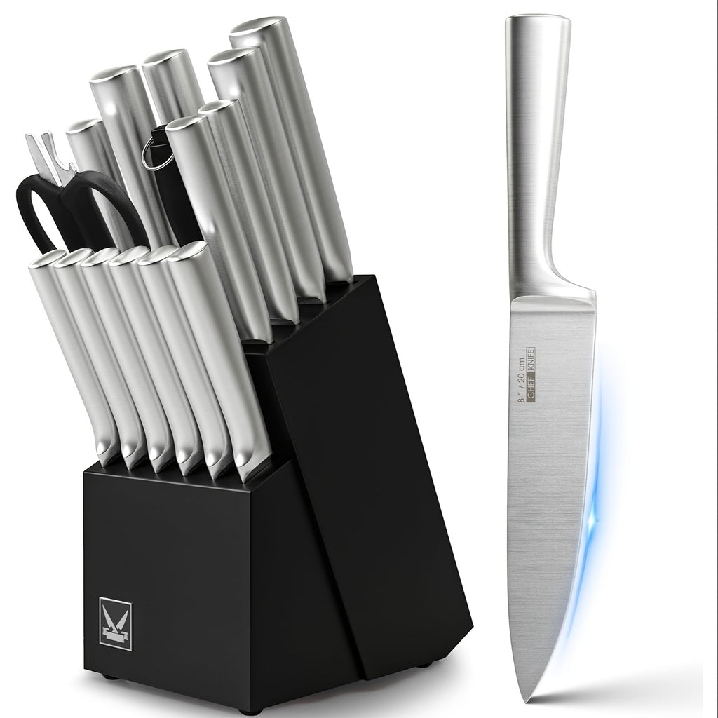 16pcs Professional Kitchen Knife Set with Wooden Block & Sharpener – Super Sharp Stainless Steel Chef Knife Block Set with Steak Knives, Perfect Family Kitchen Gift