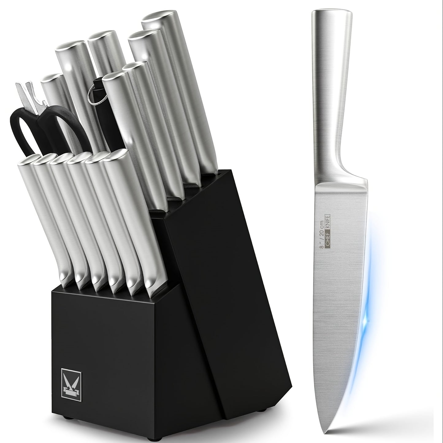 16pcs Professional Kitchen Knife Set with Wooden Block & Sharpener – Super Sharp Stainless Steel Chef Knife Block Set with Steak Knives, Perfect Family Kitchen Gift