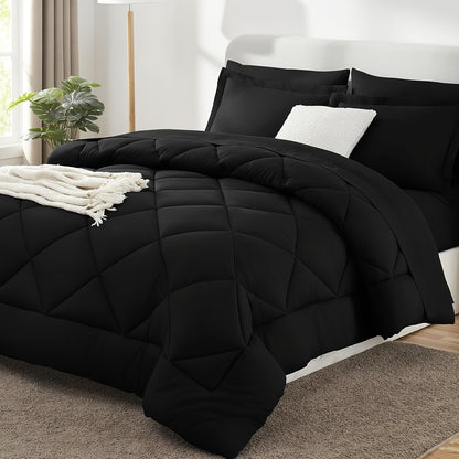 Quilted Comforter Bed-in-a-Bag Set 7pcs – Soft Brushed Microfiber Box Stitch Pattern, All-Season Bedding Ensemble with Comforter, Flat Sheet, Fitted Sheet & Pillowcases