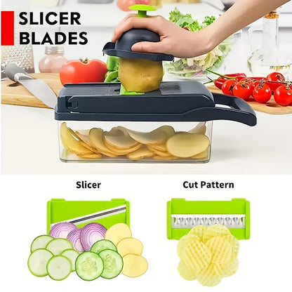 17-in-1 Vegetable Chopper with Container – 8-Blade Onion Chopper, Dicing Cutter, Egg Slicer, Potato Chip Knife & Salad Chopper, All-in-One Kitchen Utensil Set