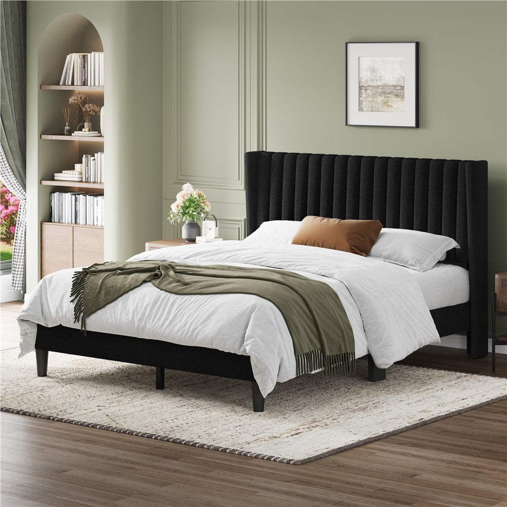 Upholstered Platform Bed Frame with Channel Tufted Headboard and Wing Side - Fabric Bed No Box Spring Needed, Wood Slat Support, 800 lb Capacity, King Queen Full, Ivory Dark Gray Black Canada