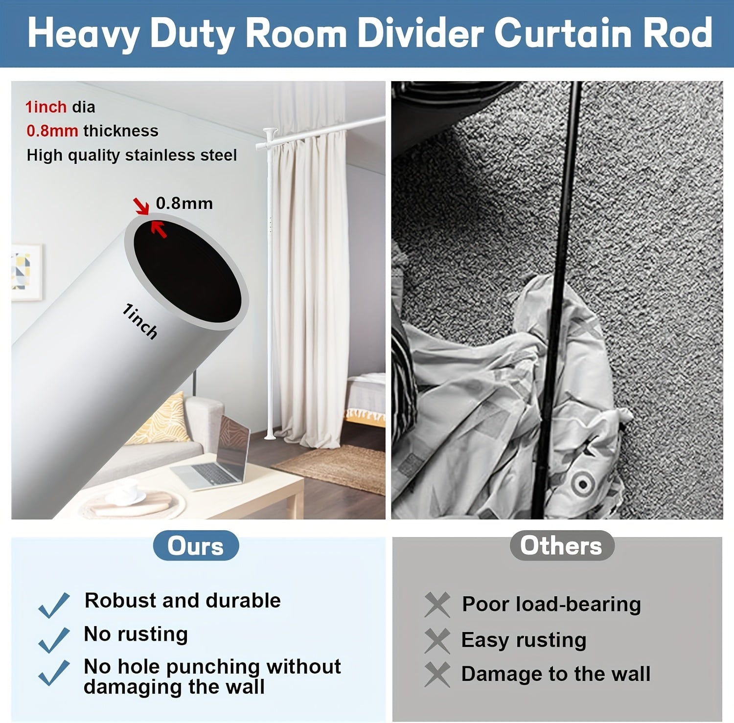 Room Dividing Tension Curtain Rod, No Drilling Freestanding Room/Wall Divider Rod, Adjustable Heavy Duty Floor to Ceiling Self Stand