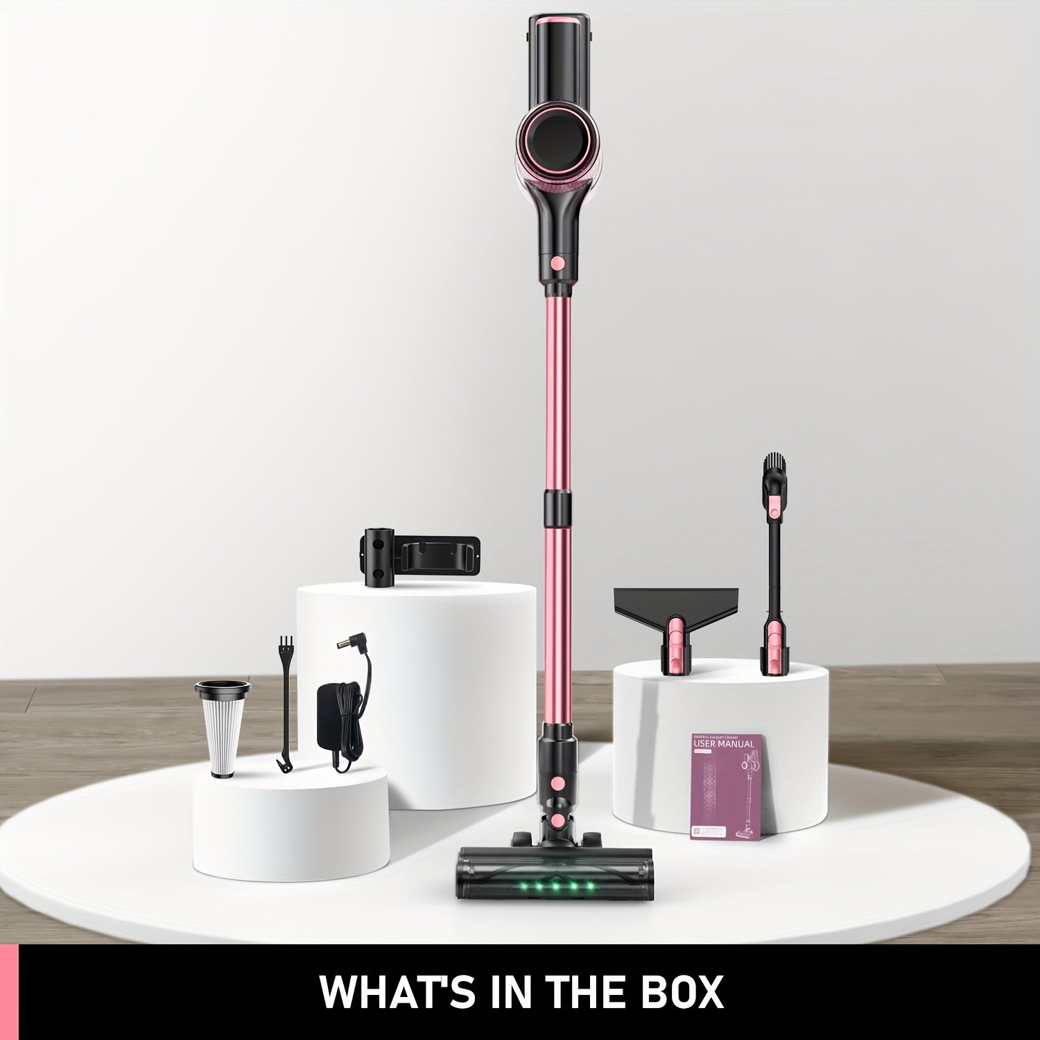 Cordless Vacuum Cleaner, 8-in-1 Lightweight Stick Vacuum Powerful Suction, 3 Suction Modes, LED Display, Anti-Tangle Vacuum Cleaner for Home, Hard Floor, Carpet, Pet Hair, Pink