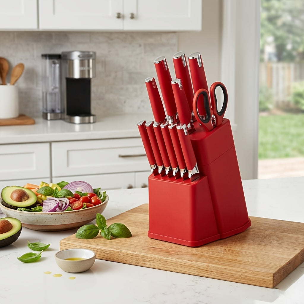 13-Piece Kitchen Knife Set with Block & Holder – 6 Steak Knives, Chef Knife, Bread Knife & Scissors Included – Sharp Stainless Steel Blades – Housewarming Gift for Home Cooks