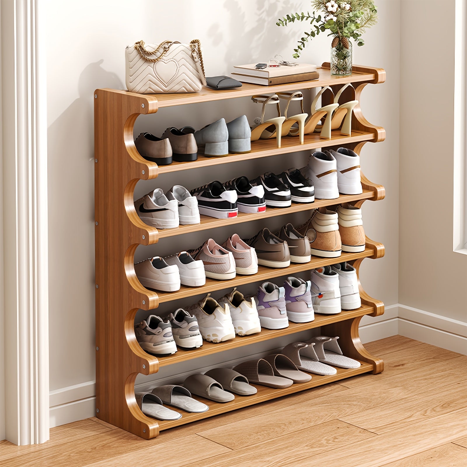 1pc Bamboo Shoe Rack | Wood Grain Decoration Shoe Storage Organizers, 3/5/6 Layers Storage Rack, Easy to Assemble, Space Saving | Shoe Shelf for Front Door Entrance, Entryway, Living Room, Bedroom, Garags