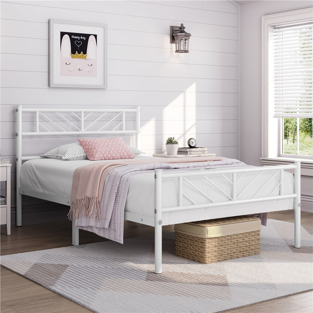 ALDEN DESIGN Bed Frame, Metal Platform Bed Frame, Minimalist Metal Platform Bed with Arrow Design Headboard and Footboard, metal bed foundation, Underbed Storage for Luggage, Shoes, Bags, No Box Spring Needed, White/Black, Twin/Full/Queen Size