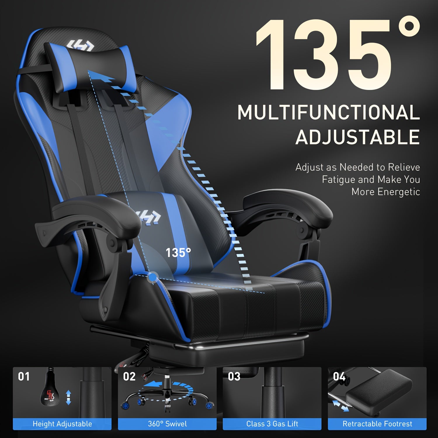 Ergonomic Gaming Chair with 6-Point Support, 135 Degree Recline, Video Game Chair with Independent Pocket Springs And Adjustable Lumbar/Headrest, Faux Leather Office And Gaming Seat, Bedroom, Office, Christmas Gift, Birthday Gift, Adults