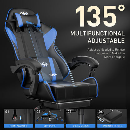 6-Point Support Gaming Chair with Pocket Springs and Adjustable Lumbar Headrest - 135 Degree Recline Faux Leather Office Gaming Seat Footrest Linkage Armrest 300 lb Canada