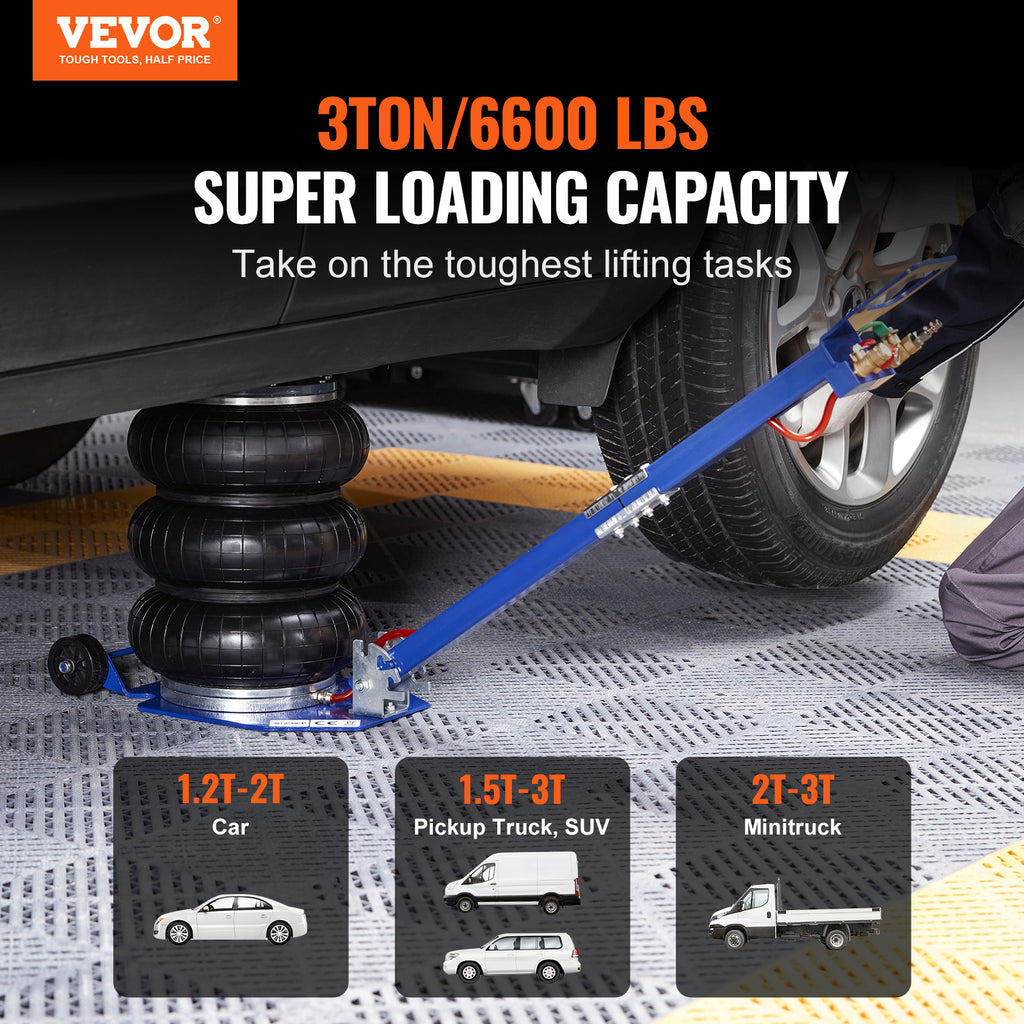 VEVOR Air Jack, 3 Ton/6600 lbs Triple Bag Air Jack, Airbag Jack with Six Steel Pipes, Lift up to 17.7", 3-5 s Fast Lifting Pneumatic Jack, with Adjustable/Nonadjustable Long Handles for Cars, Garages, Repair (Blue/Red)