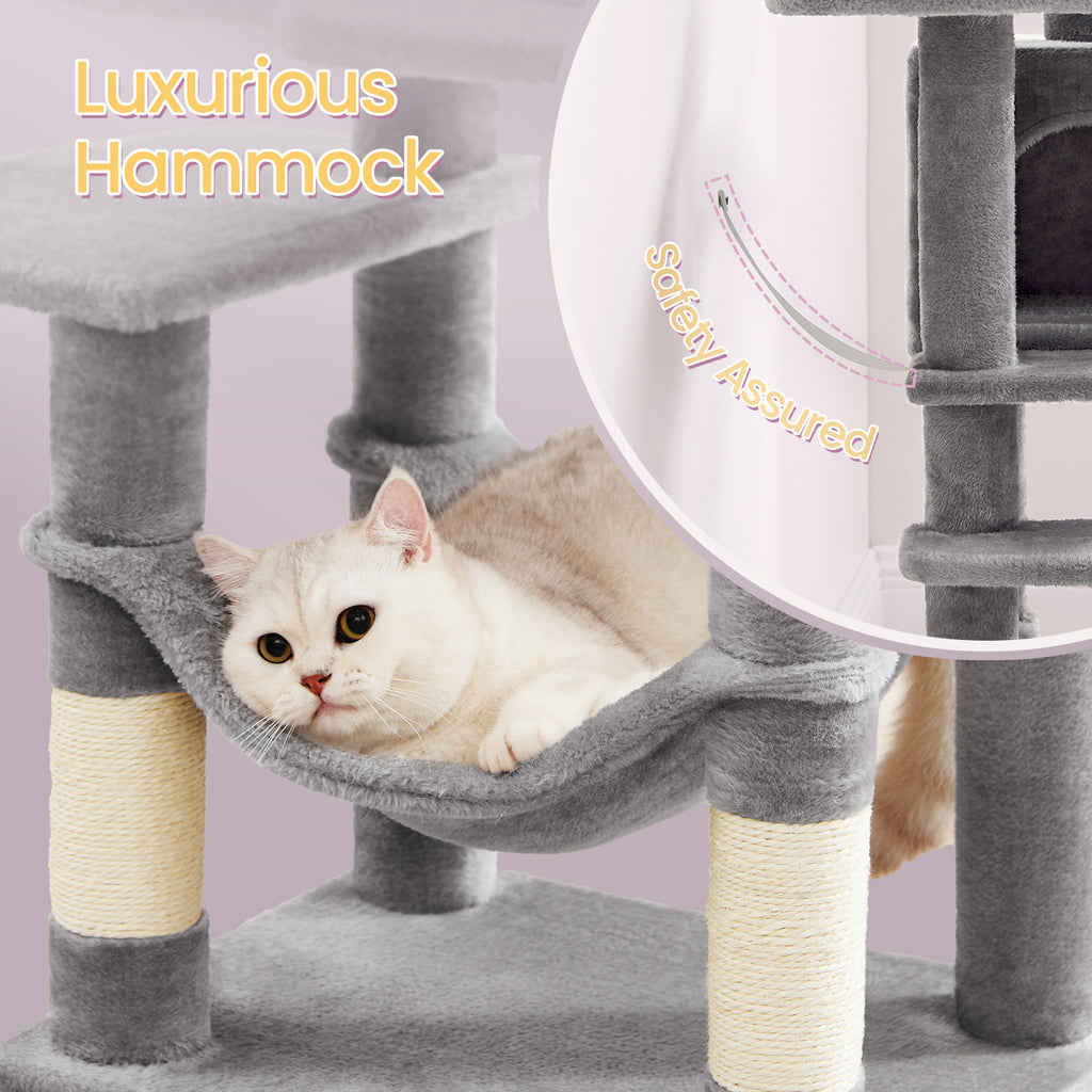 Cat Tree, 44.1-Inch Cat Tower for Indoor Cats, Multi-Level Cat Condo with Scratching Posts, Perches, Hammock and Cave, Smoky Gray