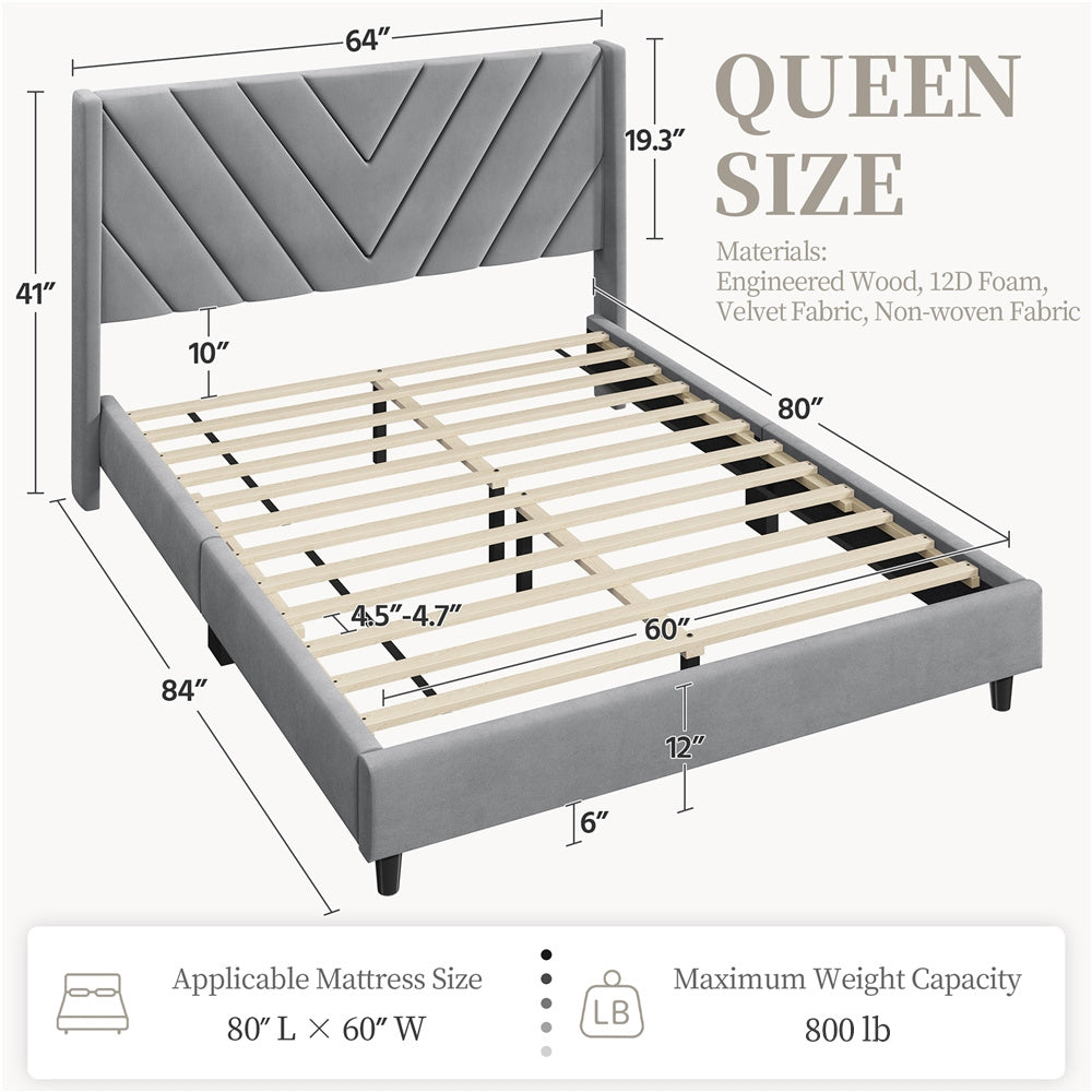 ALDEN DESIGN Upholstered Platform Bed,Upholstered Platform Bed with Wing Edge, Bed Frame with Wooden Support Slats, Upholstered Platform Bed with Tufted Headboard, Upholstered Bed with Headboard, Queen/Full,Beige/Dark Gray/Light Gray/Pink