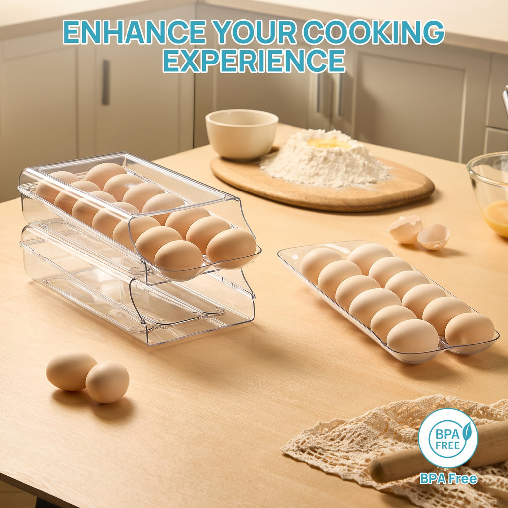 Lear Plastic Egg Holder for Fridge, Automatic Rolling Egg Container for Refrigerator, Stackable 14-Count Eggs Organizer with Removable Inner Tray, Fridge Organizers And Storage, 1/2Pack