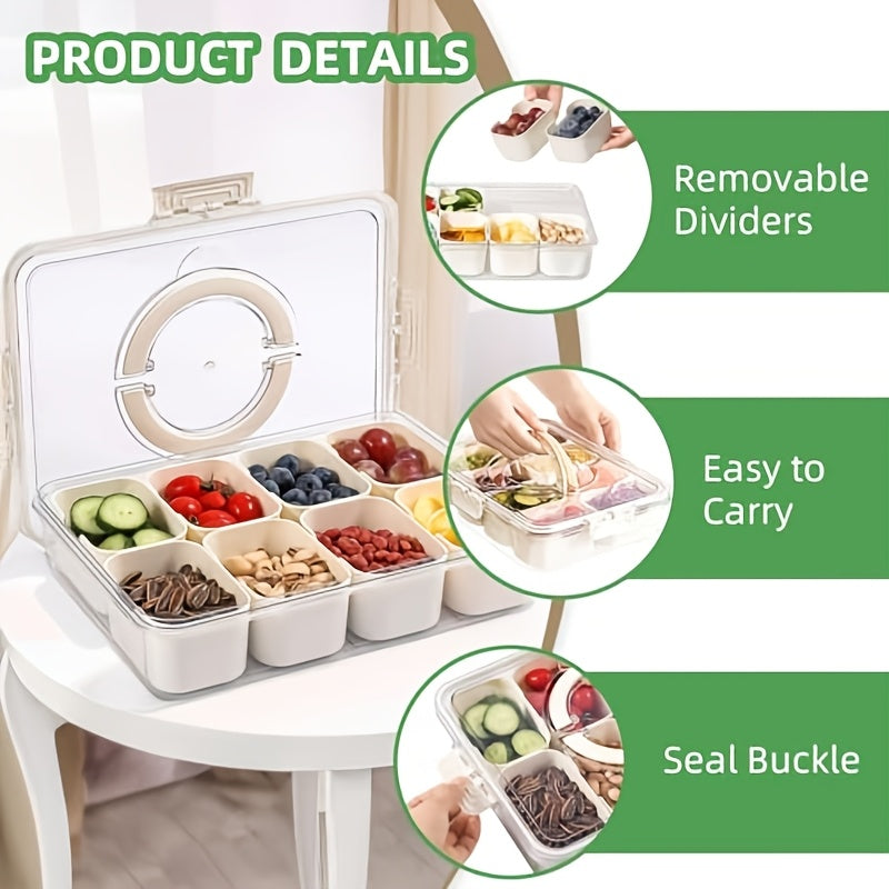 1/2 Pack 8-Compartment Snackle Box with Lid & Handle, Clear Divided Serving Tray and Portable Snack Container for Fruit, Veggies, Cheese,, & Charcuterie, Ideal for Travel, Picnic, Camping & Parties