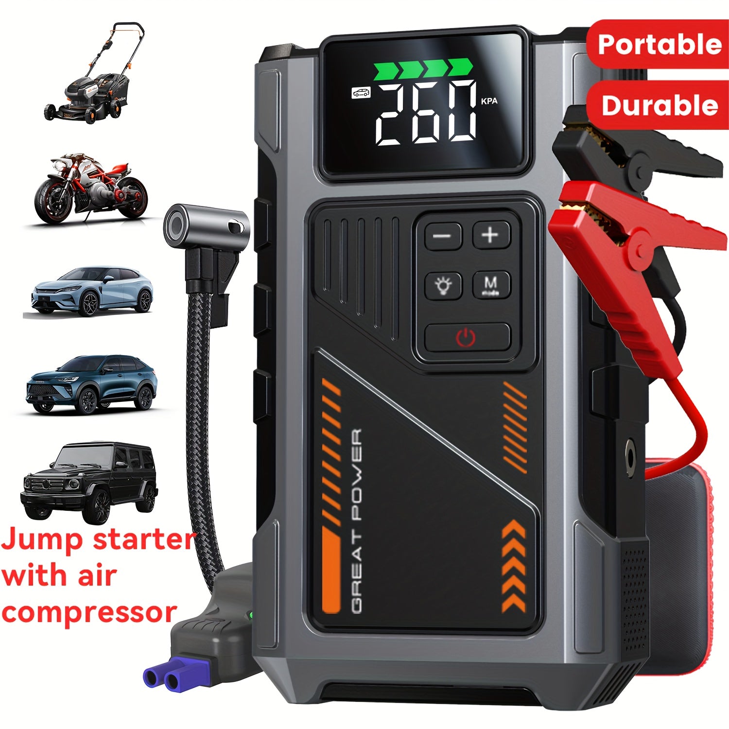 Car Jump Starter, 6000A Battery Jump Starter with Air Compressor, for Up to 1.98gal Gas And 1.59gal Diesel Engines, 12V Lithium Portable Jump Box Car Battery Jumper Start with LED Light Quick-Charge Battery Charger Power Bank, LED Emergency