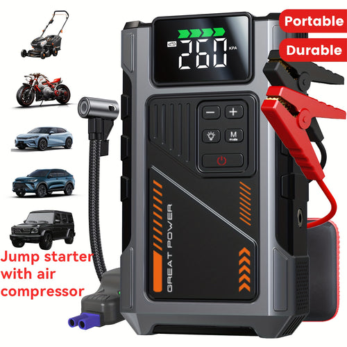 6000A Peak Car Jump Starter with Air Compressor 150PSI – 12V Lithium Battery Booster for Gas & Diesel Engines, USB Power Bank, Quick Charge, LED Emergency Light – Canada