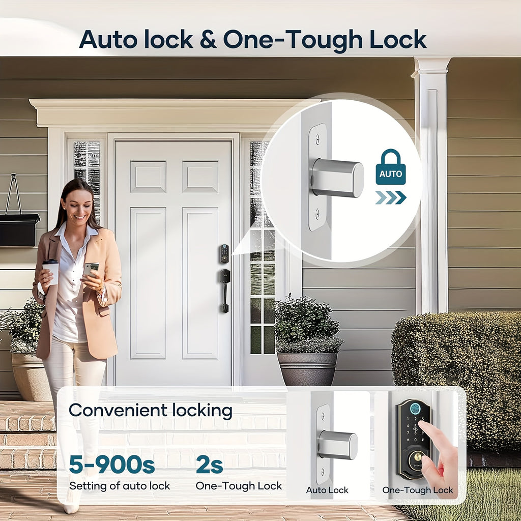 SMONET Smart Front Door Lock Handle Set, Keyless Entry Door Lock with Handle, Smart Deadbolt Auto-Lock Easy to Install, Fingerprint Keypad Buletooth Digital Deadbolt, Work with Alexa, App Control Black