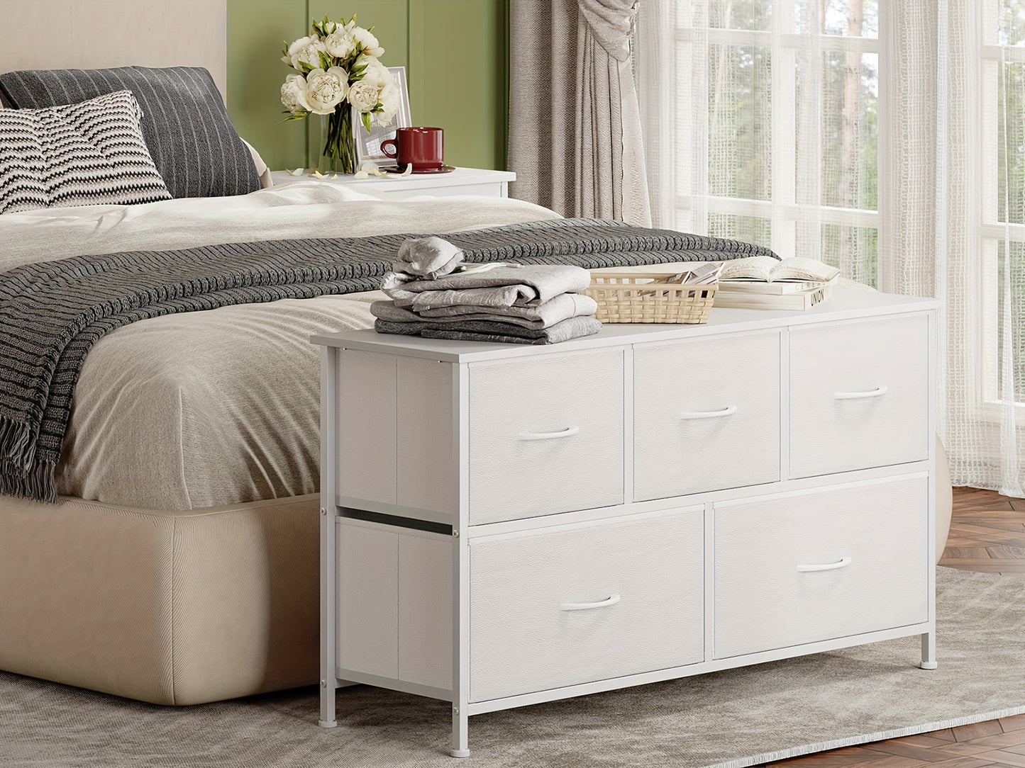 White Chest of Drawers with 5 Fabric Drawers & Wooden Top – Wide Freestanding Dresser Cabinet for Living Room, Hallway, Bedroom & Kitchen – Modern Sideboard Storage Organizer, Easy Assembly