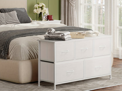White Chest of Drawers with 5 Fabric Drawers & Wooden Top – Wide Freestanding Dresser Cabinet for Living Room, Hallway, Bedroom & Kitchen – Modern Sideboard Storage Organizer, Easy Assembly