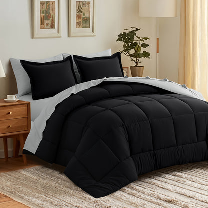 7pcs Reversible Bedding Set Soft Microfiber – Lightweight Breathable Comforter Flat Sheet Fitted Sheet & Pillowcases, All-Season Family Bedding Gift Set