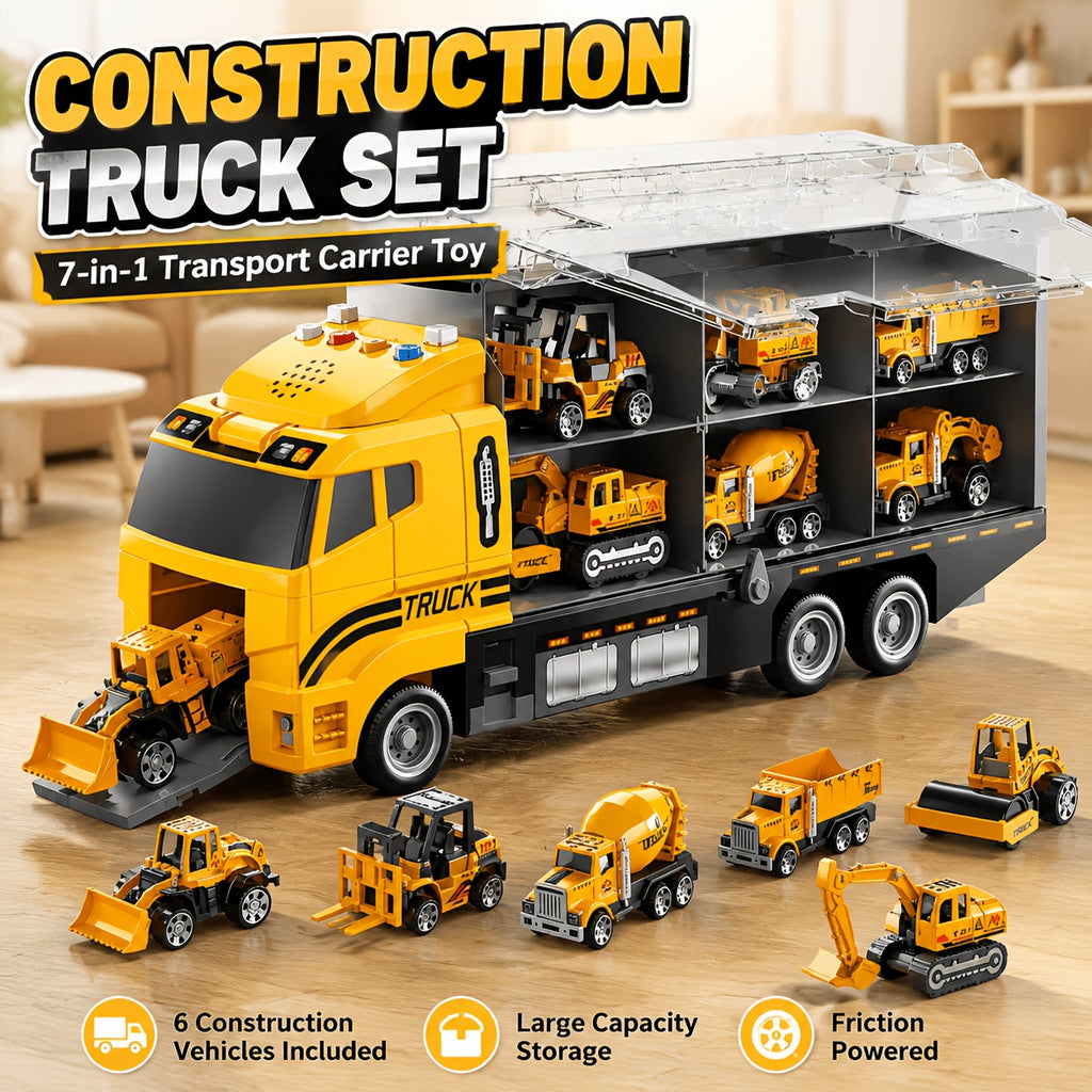 Construction Truck Toy Set With Play Mat, Carrier Truck Toys For Kids, Die-Cast Metal Toy Car Set, Fire Truck Car Kids Toys Christmas Birthday Gift For Boys Girls