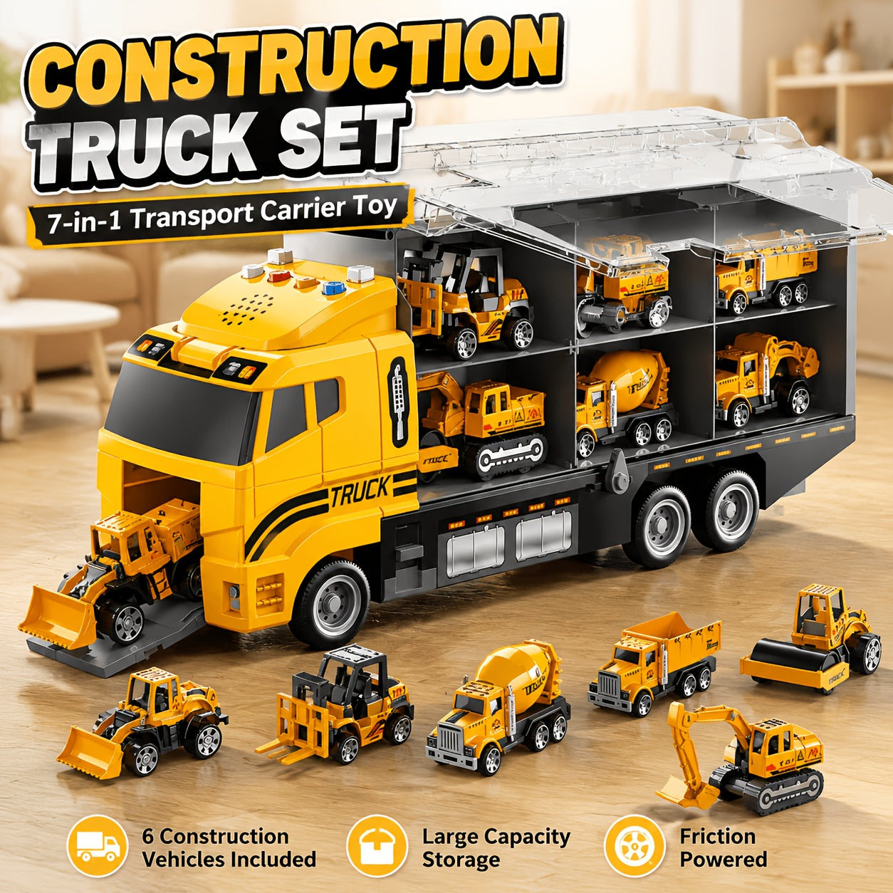 Construction Truck Toy Set With Play Mat, Carrier Truck Toys For Kids, Die-Cast Metal Toy Car Set, Fire Truck Car Kids Toys Christmas Birthday Gift For Boys Girls