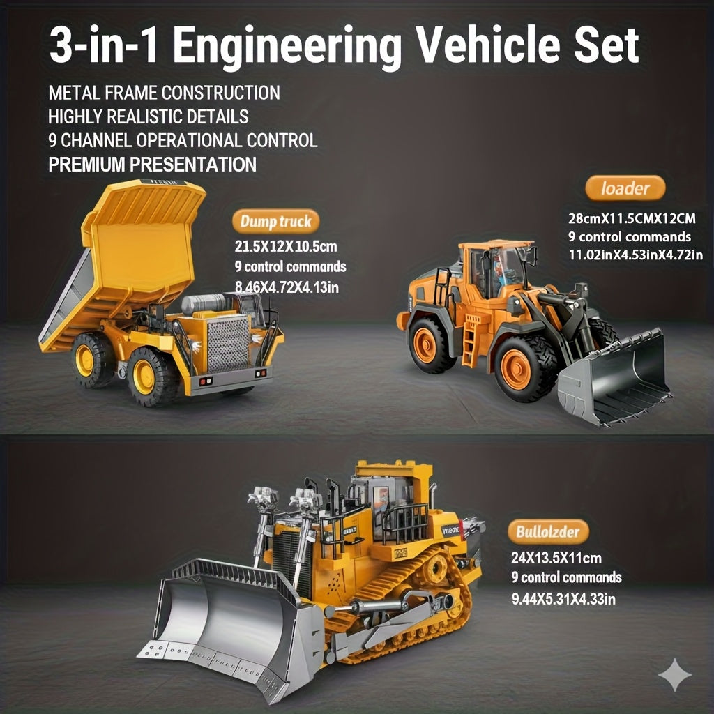 Remote Control Construction Vehicle Set 2.4G 11-Channel RC Excavator Dump Truck Bulldozer Alloy Engineering Toy Cars for Kids – 2pcs 3pcs 4pcs