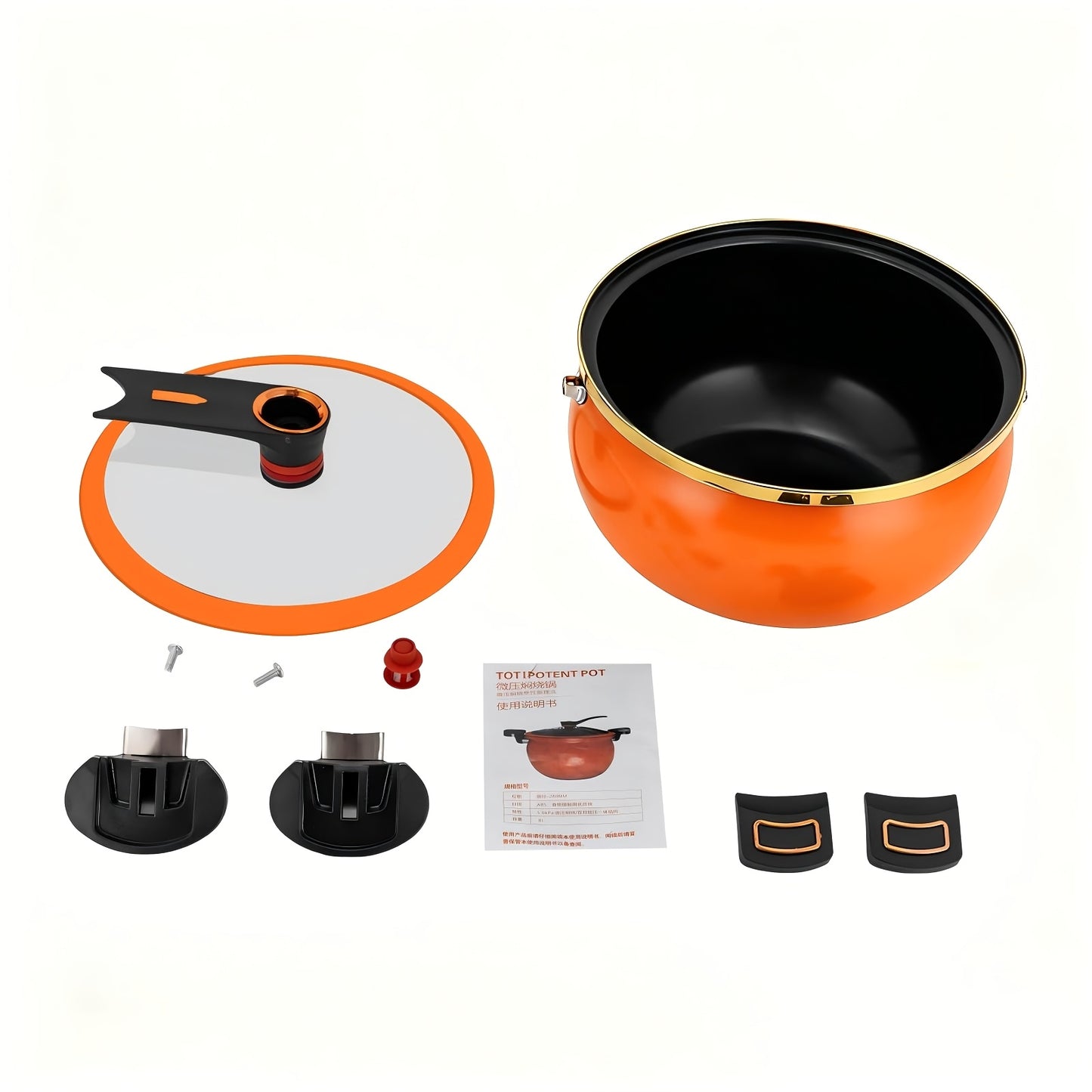 7-Liter Double Handle Cooking Pot with Glass Lid & Gold Trim – Thickened Iron Large Capacity Soup Stew Pot, Stylish Kitchen Cookware in Black, Blue & Orange