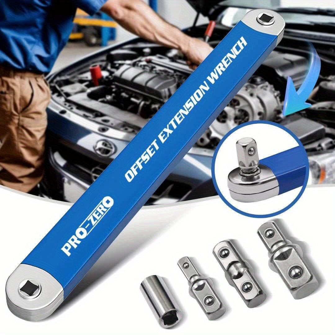 2-in-1 Multi-Function Ratchet Offset Extension Wrench with 1/2", 1/4" and 3/8" Square Head Adapters for Tight Spaces, 180 Degree Swivel, High Torque, Non-Slip Handle, Durable Metal