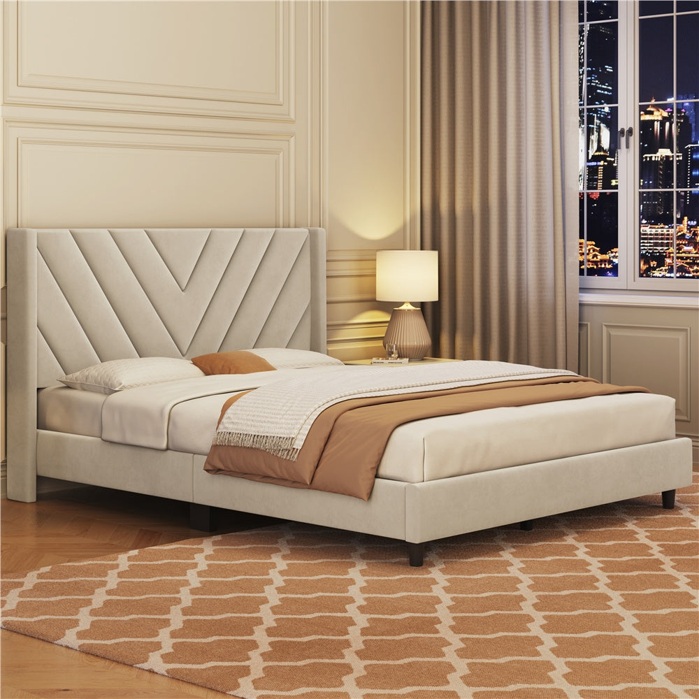 ALDEN DESIGN Upholstered Platform Bed,Upholstered Platform Bed with Wing Edge, Bed Frame with Wooden Support Slats, Upholstered Platform Bed with Tufted Headboard, Upholstered Bed with Headboard, Queen/Full,Beige/Dark Gray/Light Gray/Pink
