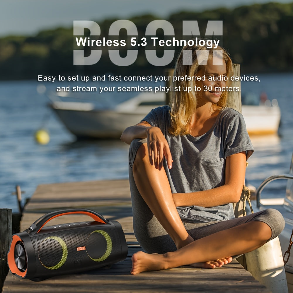 DOSS Portable Loudspeaker, Bluetooth 5.3 with 100W Stereo Sound, Extra Bass, Wireless Stereo Pairing, 20 Hours Playtime, Party-Sync LED Lights, Built-in 10400mAh Power Bank, Outdoor Speaker for Camping, Pool, Beach