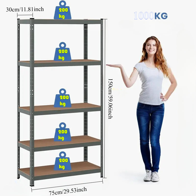 1PC Heavy Duty Storage Shelves, 5-Tier Industrial Shelving Unit with 2200 lbs Capacity, Adjustable Metal Utility Rack, Freestanding Garage Shelving for Organization, Easy Assembly, Wide Use for Warehouse, Kitchen Pantry, Basement, Laundry Room, Closet, Ba