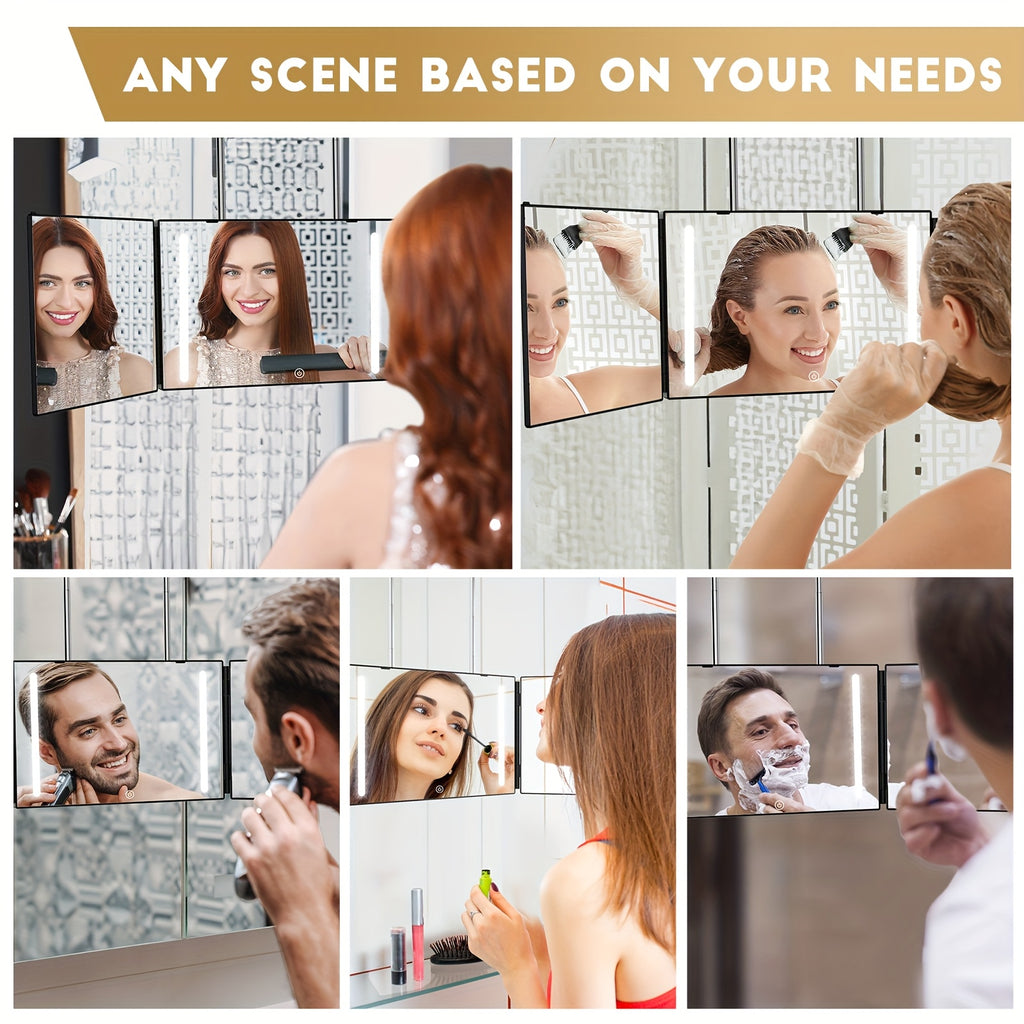 360-Degree Viewing Angle Hair Cutting Mirror, 3-Way Self Haircut Mirror with Clear Anti-Fog HD Glass, USB Rechargeable, Plastic Frame, Beauty And Personal Care Mirror, Wedding Gift, Triple Fold Mirror, Limited Time Discount, Wedding Easter Gifts
