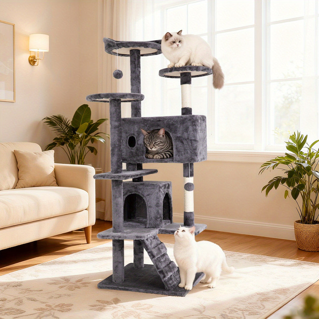 Cat Tree, 54-inch Indoor Cat Tree Tower Multi-Level Cat Furniture Activity Center with Scratching Posts House-Style Cat Condo Stand with Playful Toys