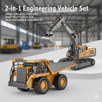 Remote Control Construction Vehicle Set 2.4G 11-Channel RC Excavator Dump Truck Bulldozer Alloy Engineering Toy Cars for Kids – 2pcs 3pcs 4pcs