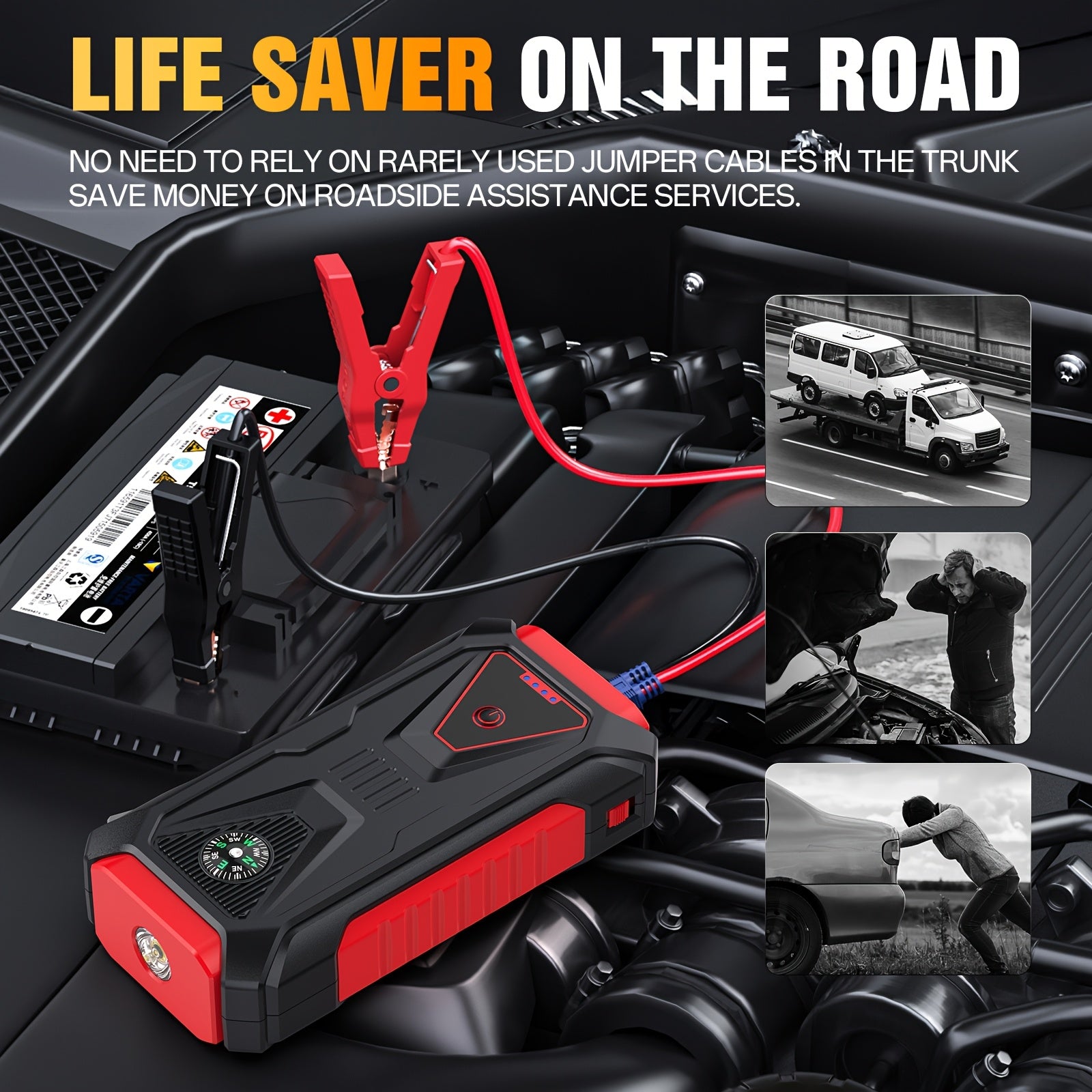 12V jump starter, portable for 10.0L gasoline and 8.0L diesel engines, with SOS warning light, LED flashlight function, compass, emergency window breaker and dual USB fast charging, automotive accessories - clips in red/black design
