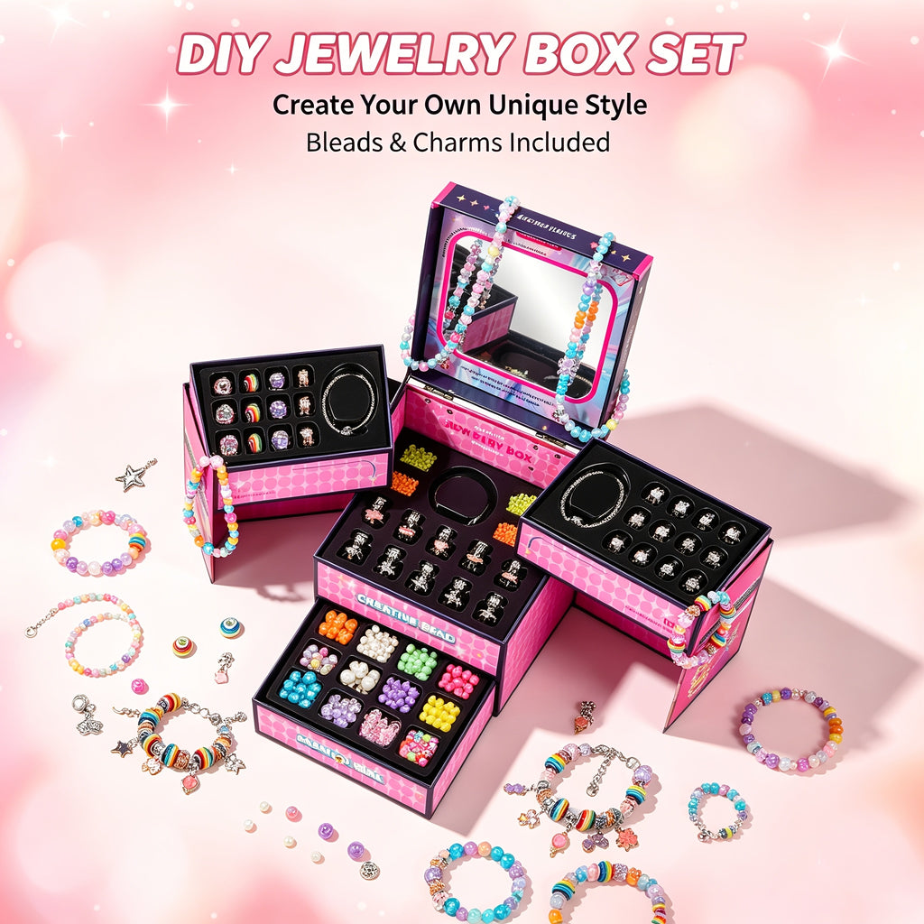 Pink/ Blue Princess DIY Beaded Jewelry Set with Categorized Jewelry Box, Mirror, Bracelets & Necklaces, Toy Gifts for Girls Kids Ages 3+