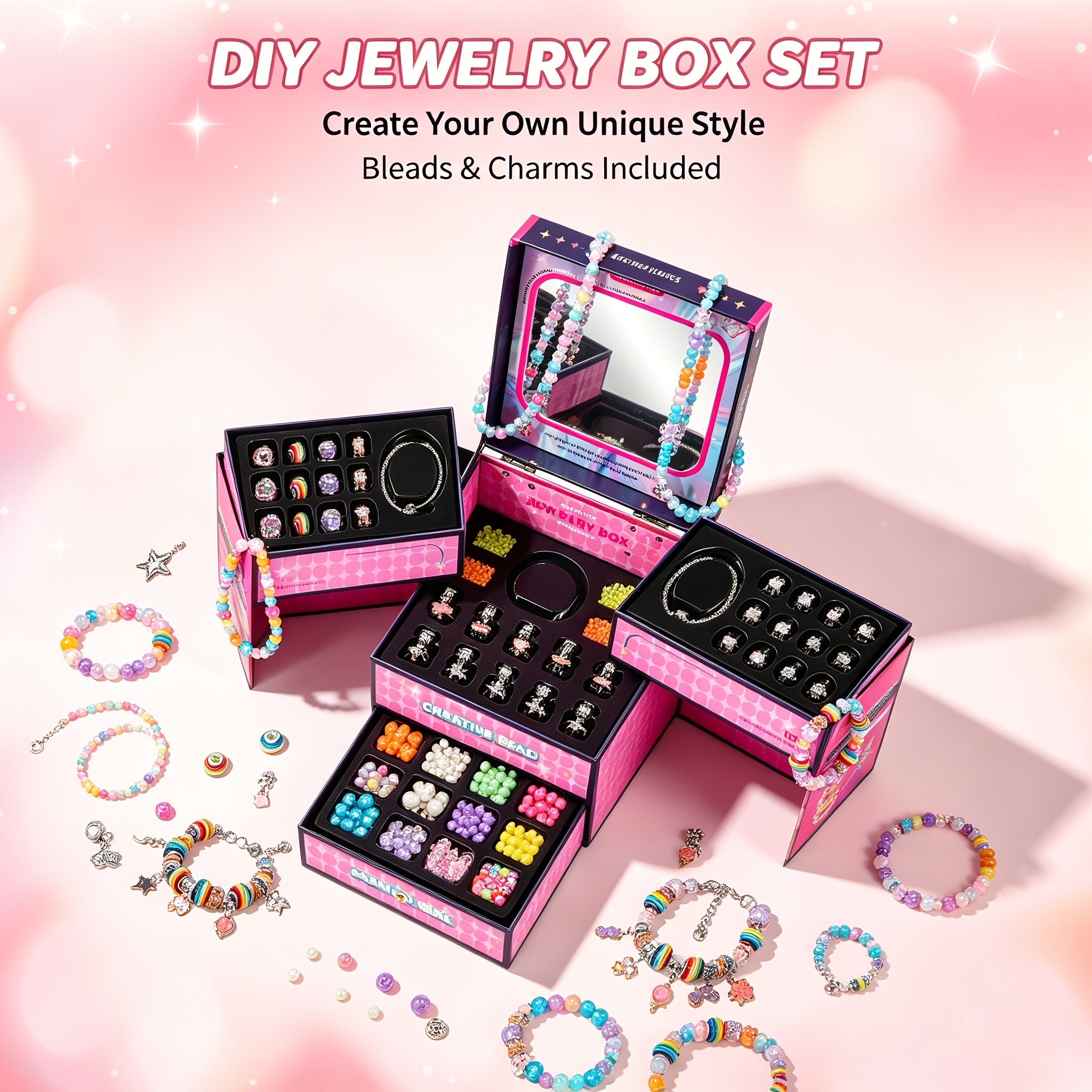 Pink/ Blue Princess DIY Beaded Jewelry Set with Categorized Jewelry Box, Mirror, Bracelets & Necklaces, Toy Gifts for Girls Kids Ages 3+