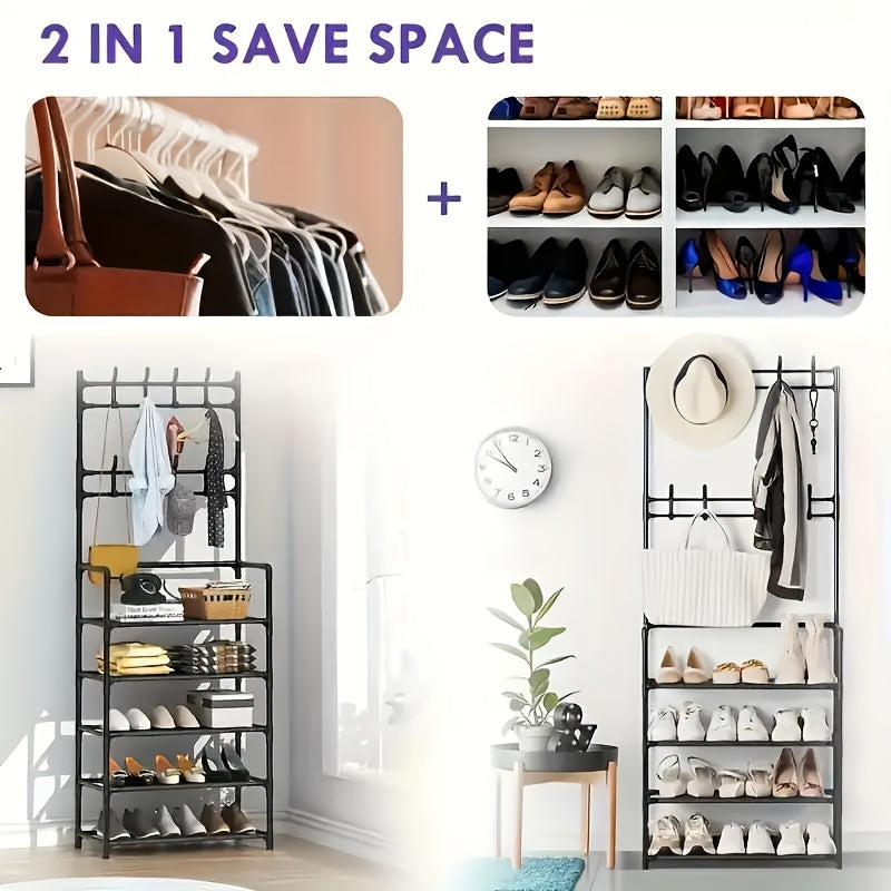 23.62 Inch/172cm 5-Tier Multi-Functional Storage Rack with 8 Double Hooks, Multi-Functional Clothes Hanger and Shoe Rack, Self-Assembly Shoe Rack Storage Box for Living Room, Bathroom, Hallway