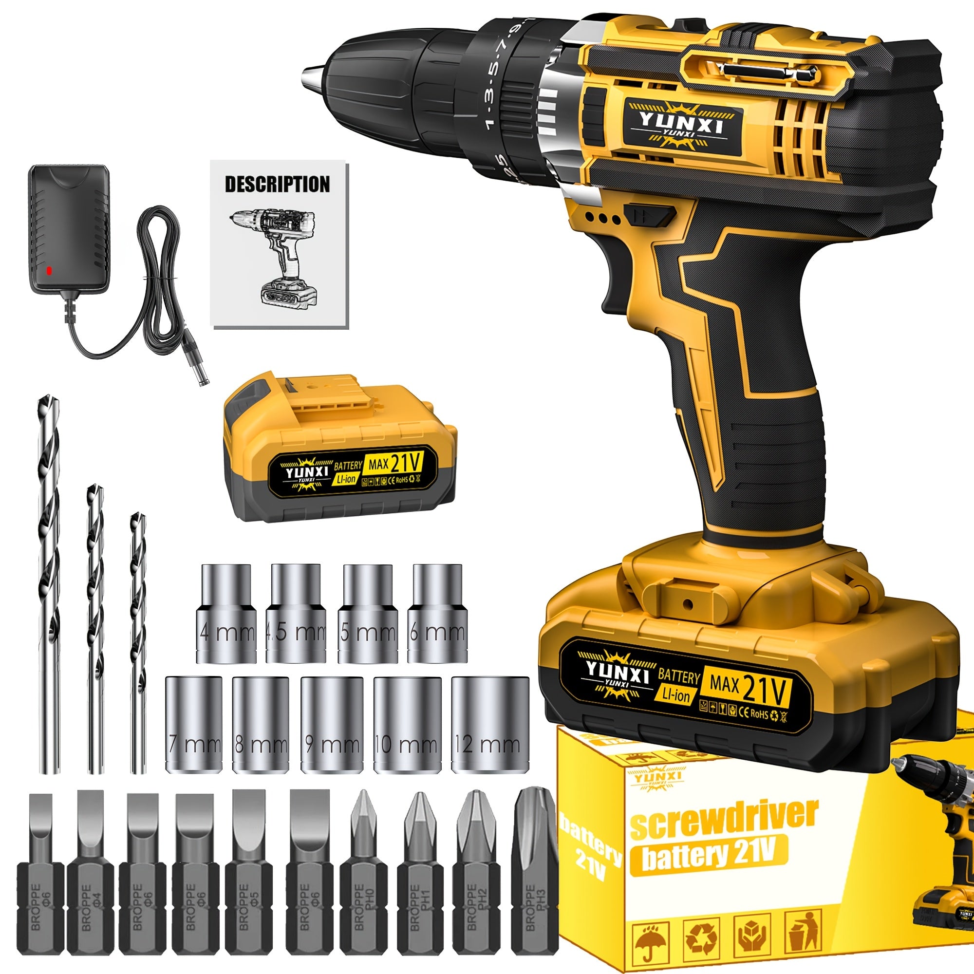 21V Cordless Drill Set with Drill Bits & Socket Accessories – Variable Speed Driver, Fast Charger & Lithium-Ion Battery, Multifunctional Power Tool Kit for Home DIY, Auto Repair & Gift for Dad