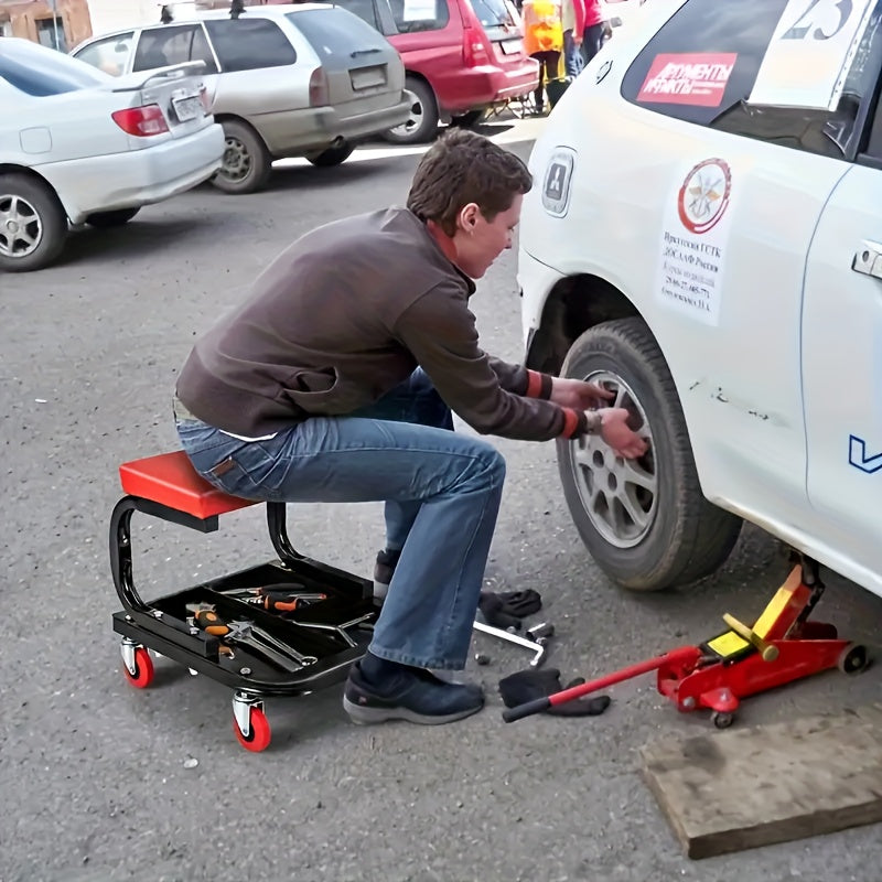 Heavy Duty Roll Crawling Stool with Padded Seats And Tool Pallet Storage - Adjustable Height, 4 Wheels Easy to Move, Red Cushion Comfortable, Great for Workshop, Car Repair And Mechanics