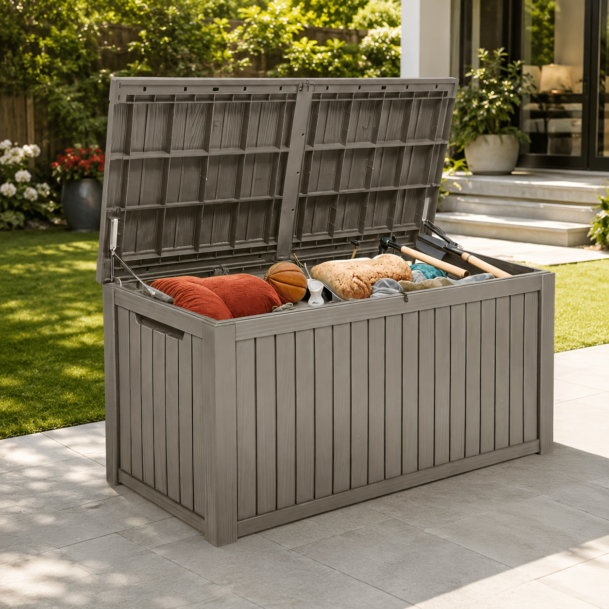 Outdoor Waterproof Resin Deck Box 51 80 150 180 Gallon - Weatherproof Patio Storage Box Bench and Table for Garden Tools Pool Supplies Patio Furniture Brown Black Canada