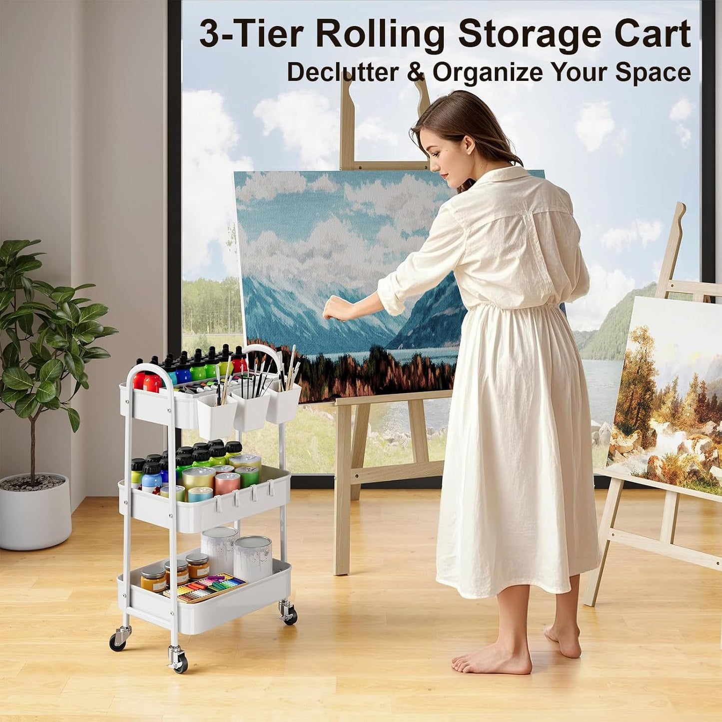 3-Tier Rolling Storage Cart with Lockable Wheels - Metal Mesh Utility Cart 15kg Per Shelf, 360 Degree Casters, Hanging Baskets and Hooks, for Kitchen Bathroom Garage Classroom Craft Canada