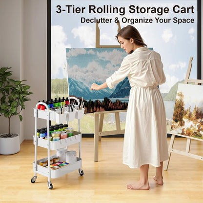 3-Tier Rolling Storage Cart with Lockable Wheels - Metal Mesh Utility Cart 15kg Per Shelf, 360 Degree Casters, Hanging Baskets and Hooks, for Kitchen Bathroom Garage Classroom Craft Canada