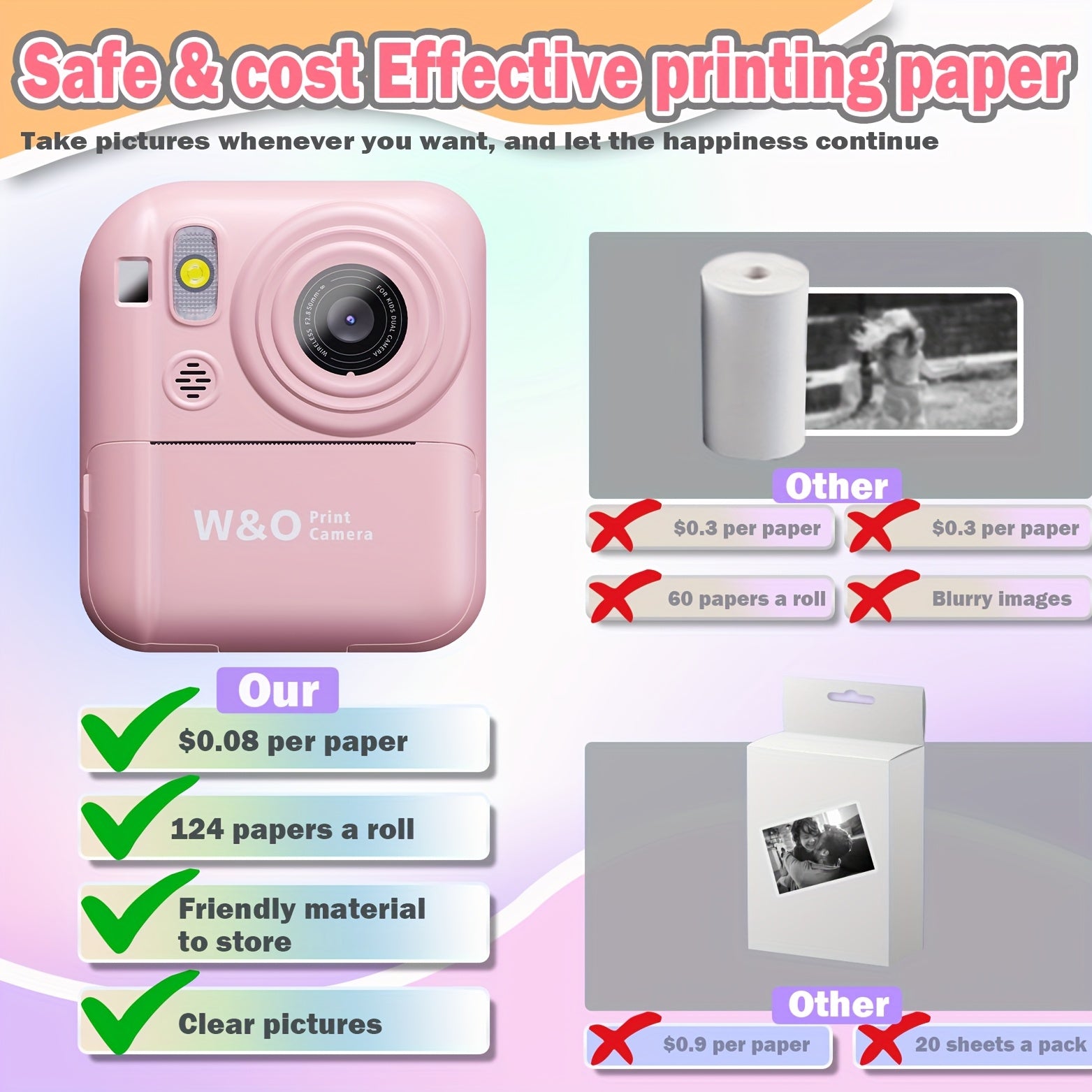 Camera Paper/Instant Camera, Portable Instant Photo Camera with 32GB SD Card, 3 Rolls & Card Reader - Compact USB Rechargeable Camera for Youngsters, Travel, Outdoor Adventures (Pink/Blue), Portable Camera,Perfect Gift for Halloween/Christmas
