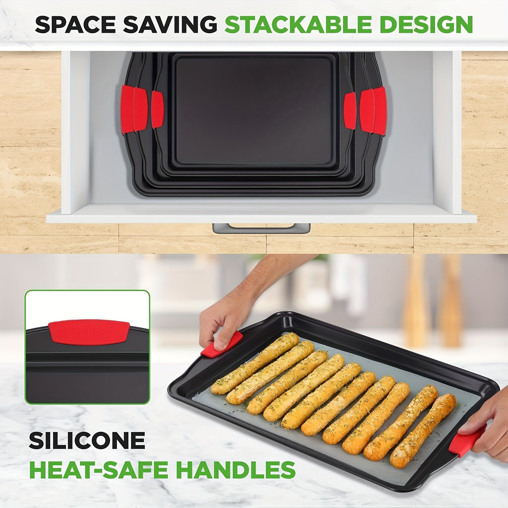 Non-Stick Baking Pan with Red Silicone Handle, Kitchen Baking Tray, Heat-Resistant And Non-Stick, Household Baking Pan, Cake Mold, Oven Cookie Baking, Rectangular Cookie Tray, Easy to Clean, Suitable For, Cakes, And Bread