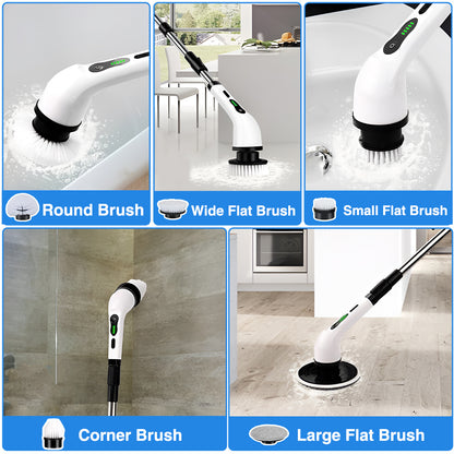 Cordless Electric Spin Scrubber – 9 Replaceable Brush Heads, Extendable Alloy Arm to 125cm, Dual Speed, for Floors, Bathrooms, Bathtubs & Car Cleaning