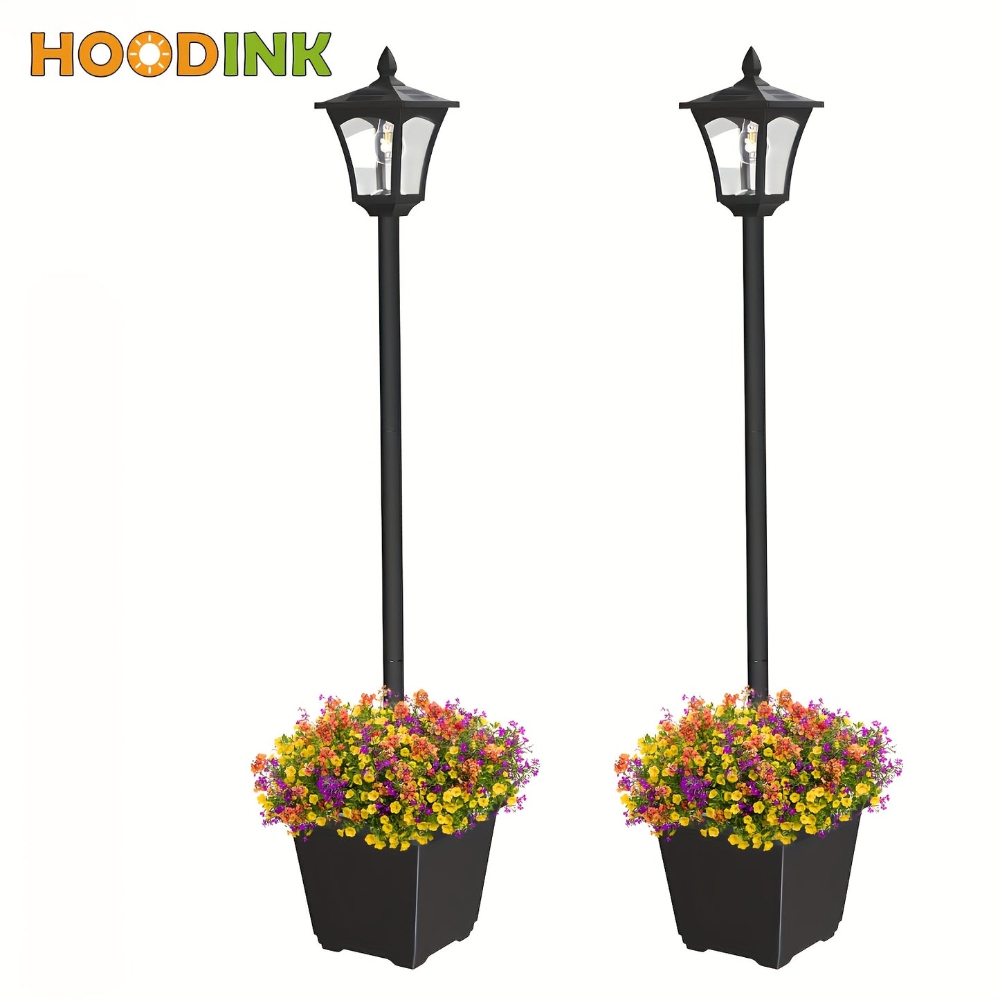 Solar Lamp Post Outdoor 63" with Built-In Planter Box – HOODINK Waterproof Garden Light, Auto Dusk-to-Dawn, 4 Solar Panels for Backyard, Driveway & Pathway