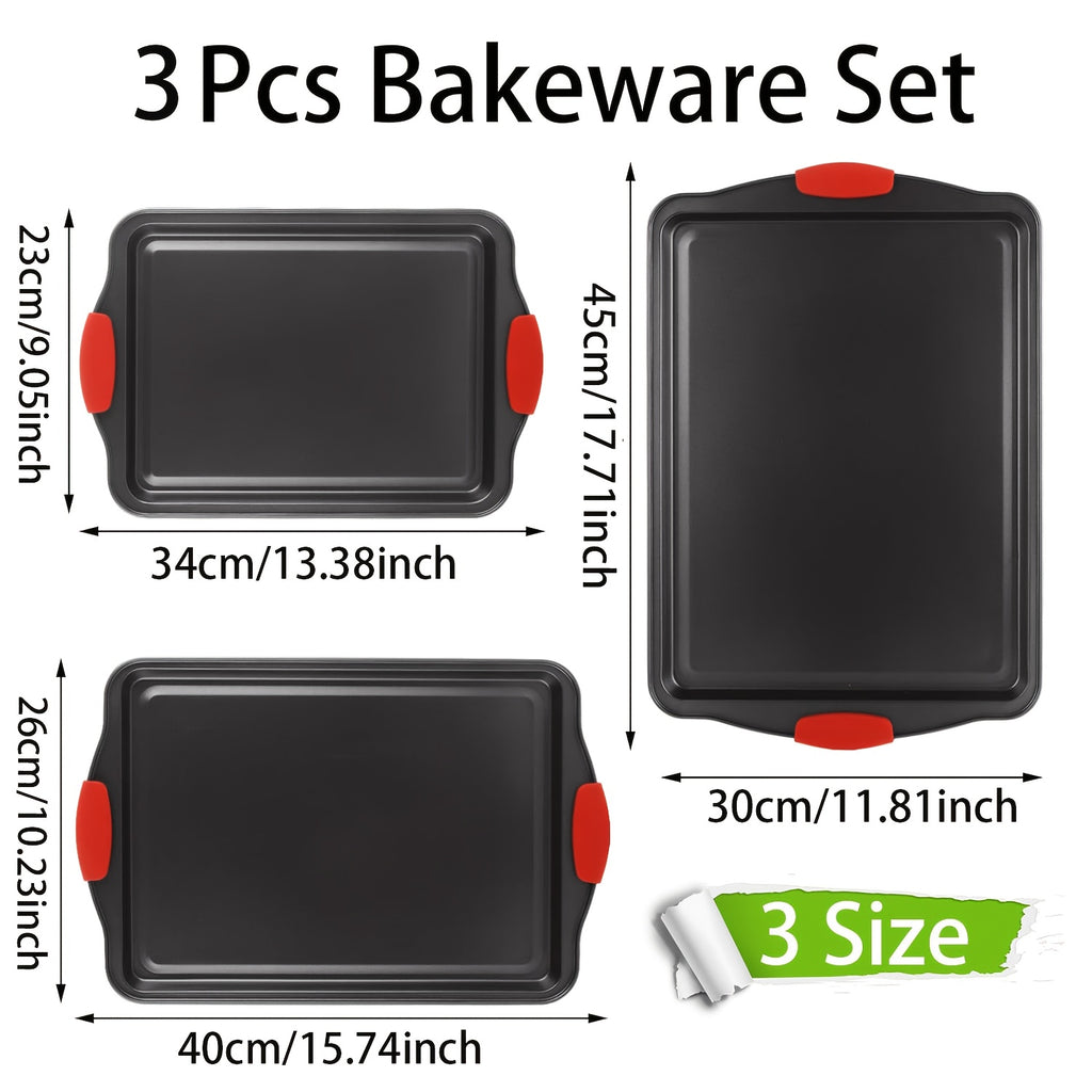 Non-Stick Baking Pan with Red Silicone Handle, Kitchen Baking Tray, Heat-Resistant And Non-Stick, Household Baking Pan, Cake Mold, Oven Cookie Baking, Rectangular Cookie Tray, Easy to Clean, Suitable For, Cakes, And Bread
