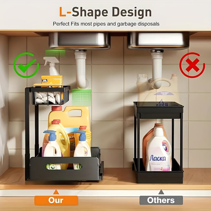 Set of 2 Two-Tier Pull-Out Organizers Designed for Under-Sink Cabinets, Featuring Padded Shelves Suitable for Framed Cabinets. This Metal Slide-Out Storage Solution Includes Mesh Sliding Drawers, Perfect for Use in Kitchens, Bathrooms