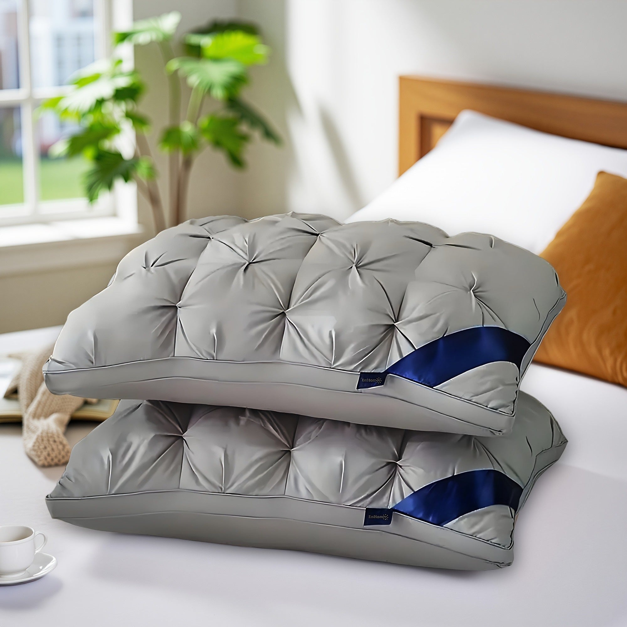 Luxury Hotel Bed Pillows 2pcs – Ultra Plush Heavyweight Sleep Pillows with Slow Rebound Memory Foam & Neck Support, All-Season Cooling Pillows for Side, Back & Stomach Sleepers, Non-Flattening Design, White Light Gray with Eye Mask Bundle